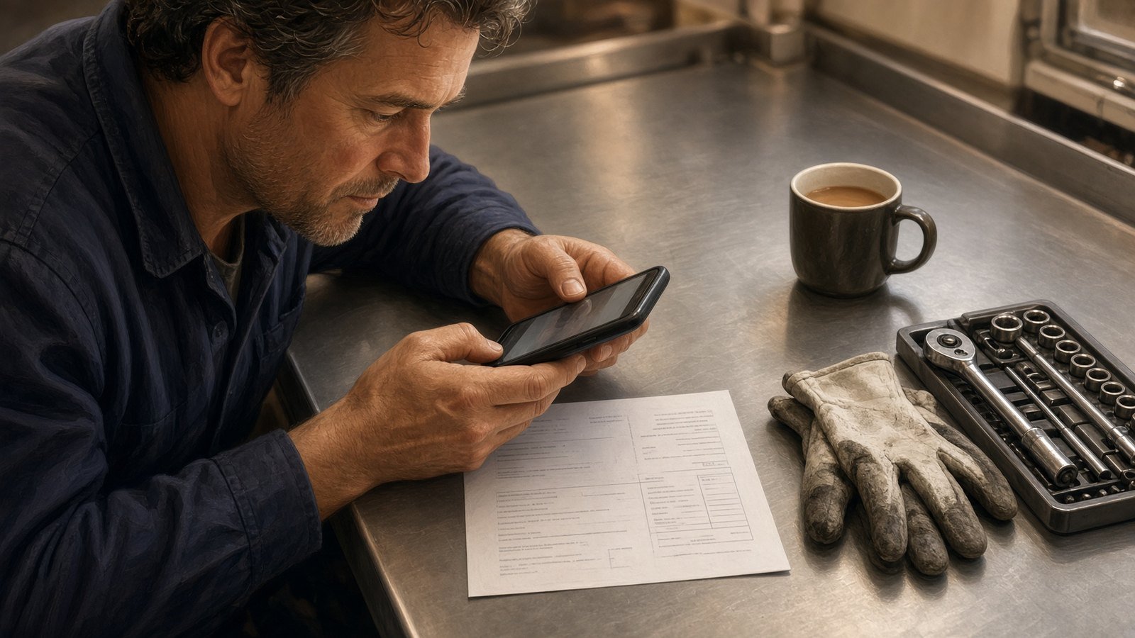 Engineer at a workbench photographing an invoice with his phone