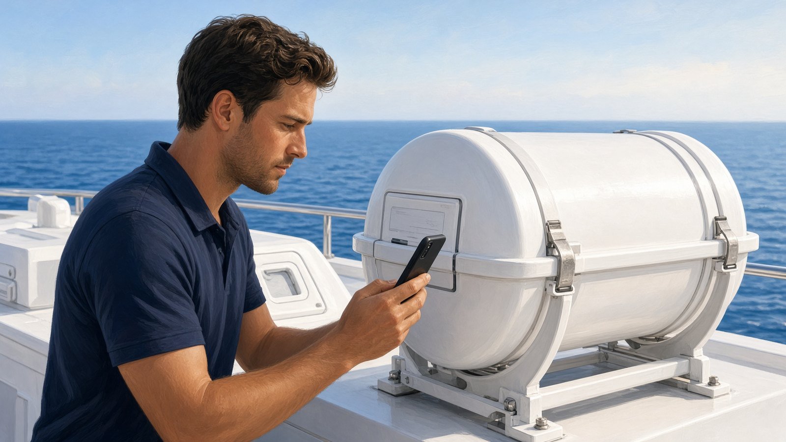 Crew member photographing the service label on a liferaft canister on deck