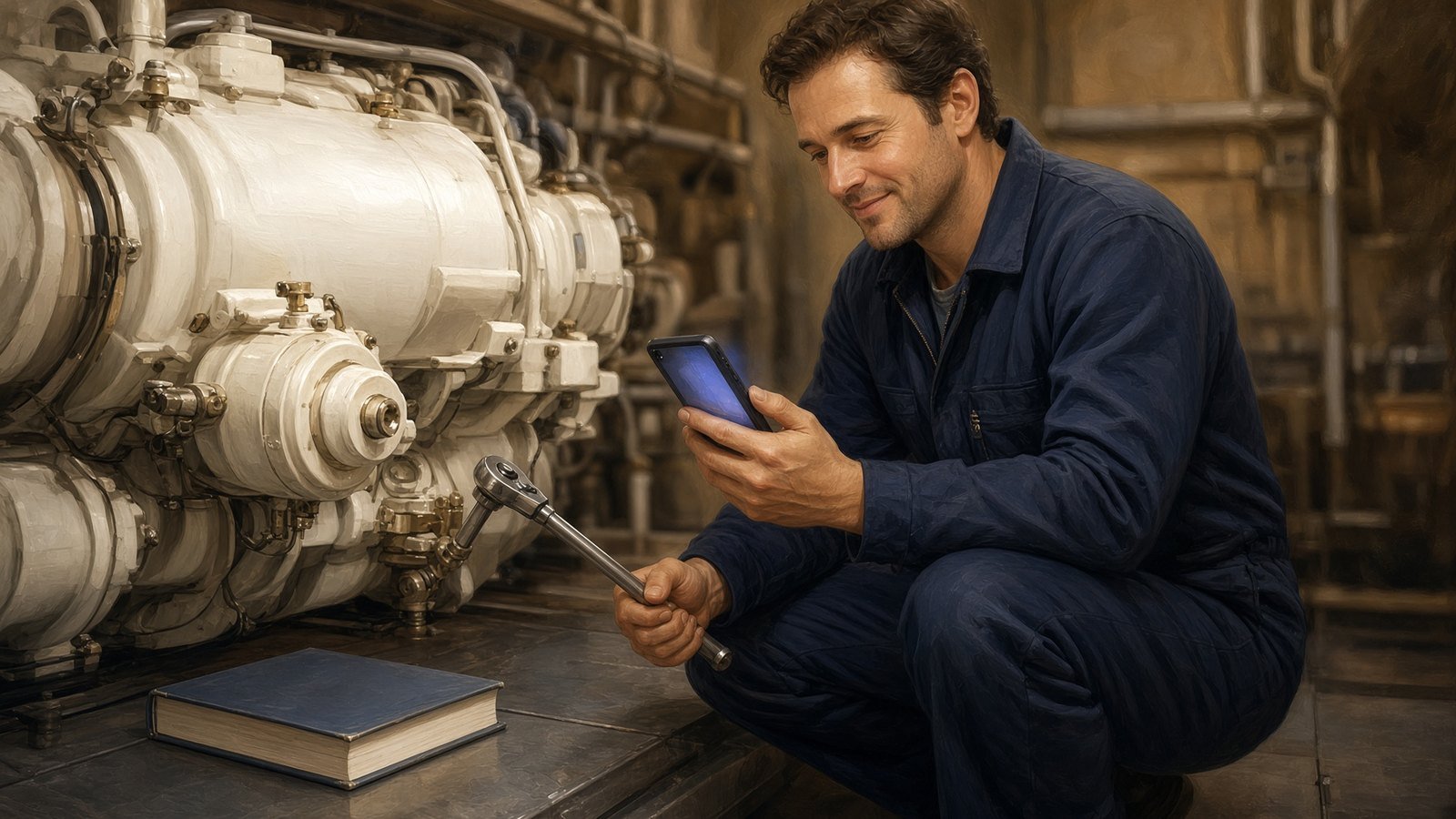 Engineer with a torque wrench checking his phone instead of the closed manual beside him