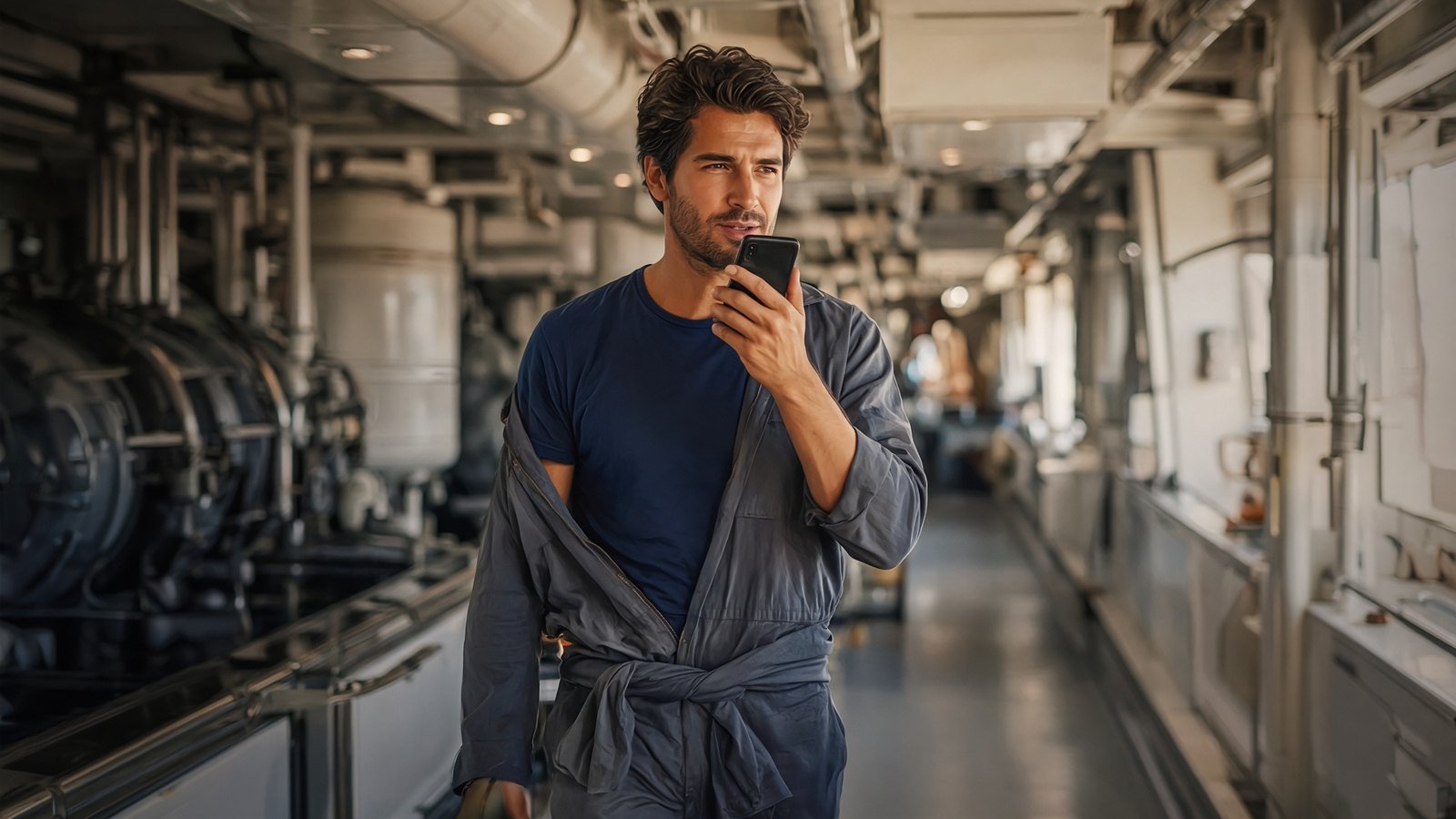 Engineer walking through the engine room dictating notes into his phone