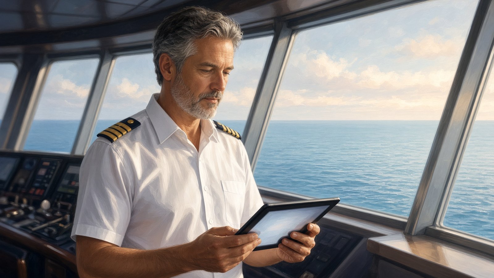 Yacht captain on the bridge reviewing the boat's status on a tablet