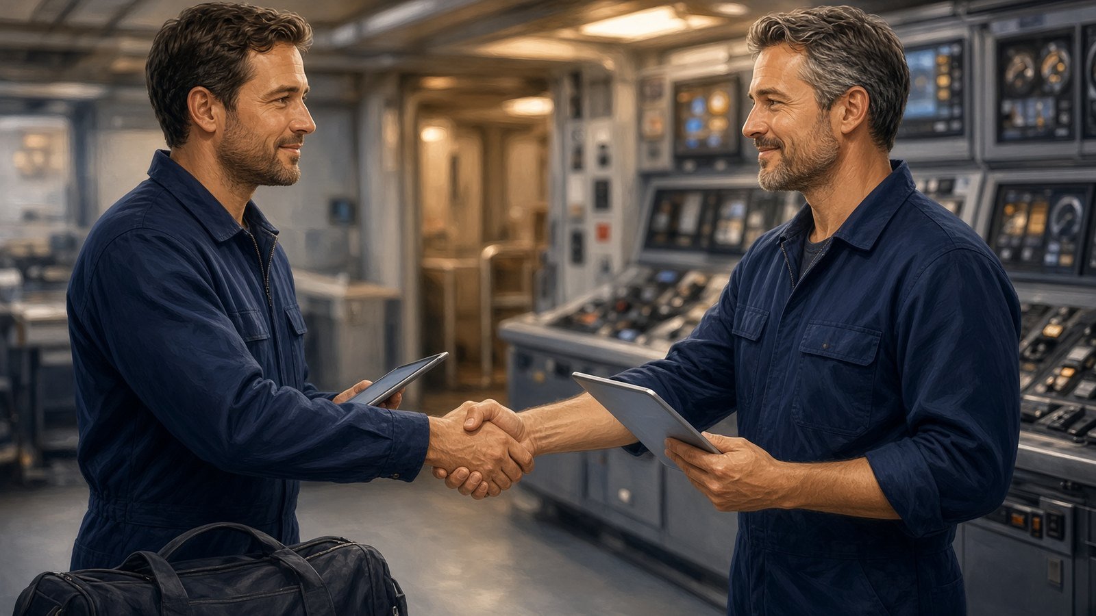 Two yacht engineers shaking hands at a crew handover in the engine control room