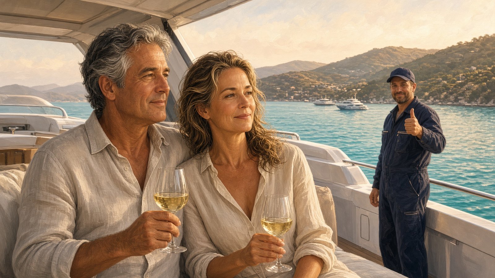 Yacht owners relaxing on the aft deck at golden hour while the engineer gives a thumbs up