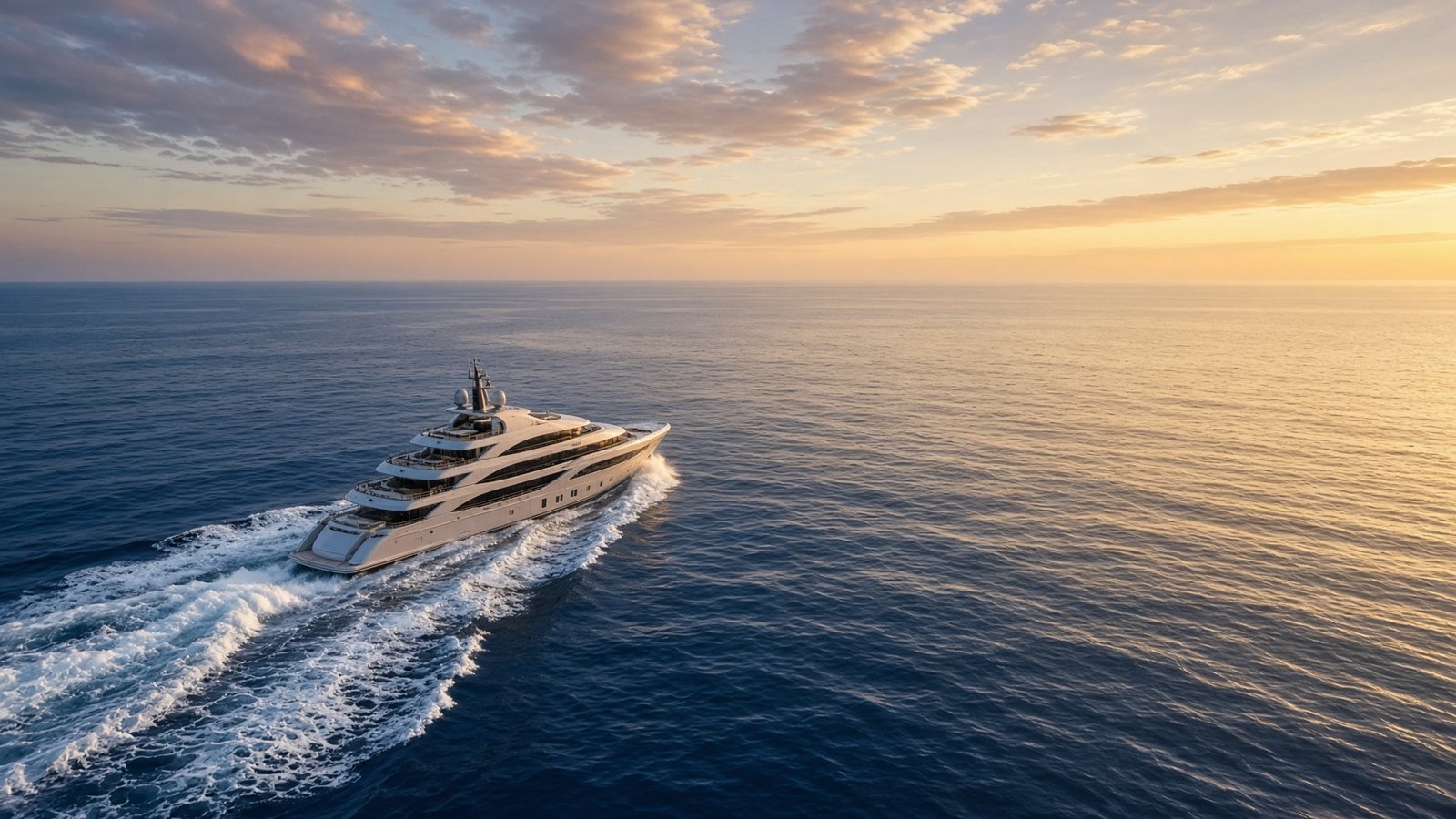 Aerial view of a white superyacht underway at golden hour