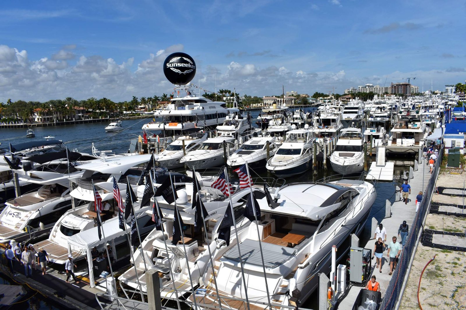 Motor yachts packed along the docks on Middle River, Fort Lauderdale, during boat-show week