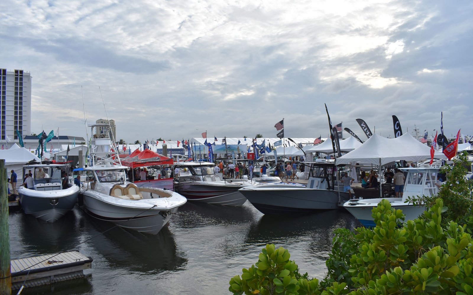 Exhibitor tents and boats at the Fort Lauderdale International Boat Show, Bahia Mar