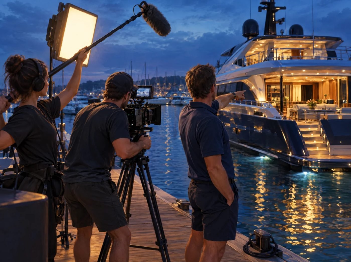 Production crew filming beside a lit yacht at blue hour