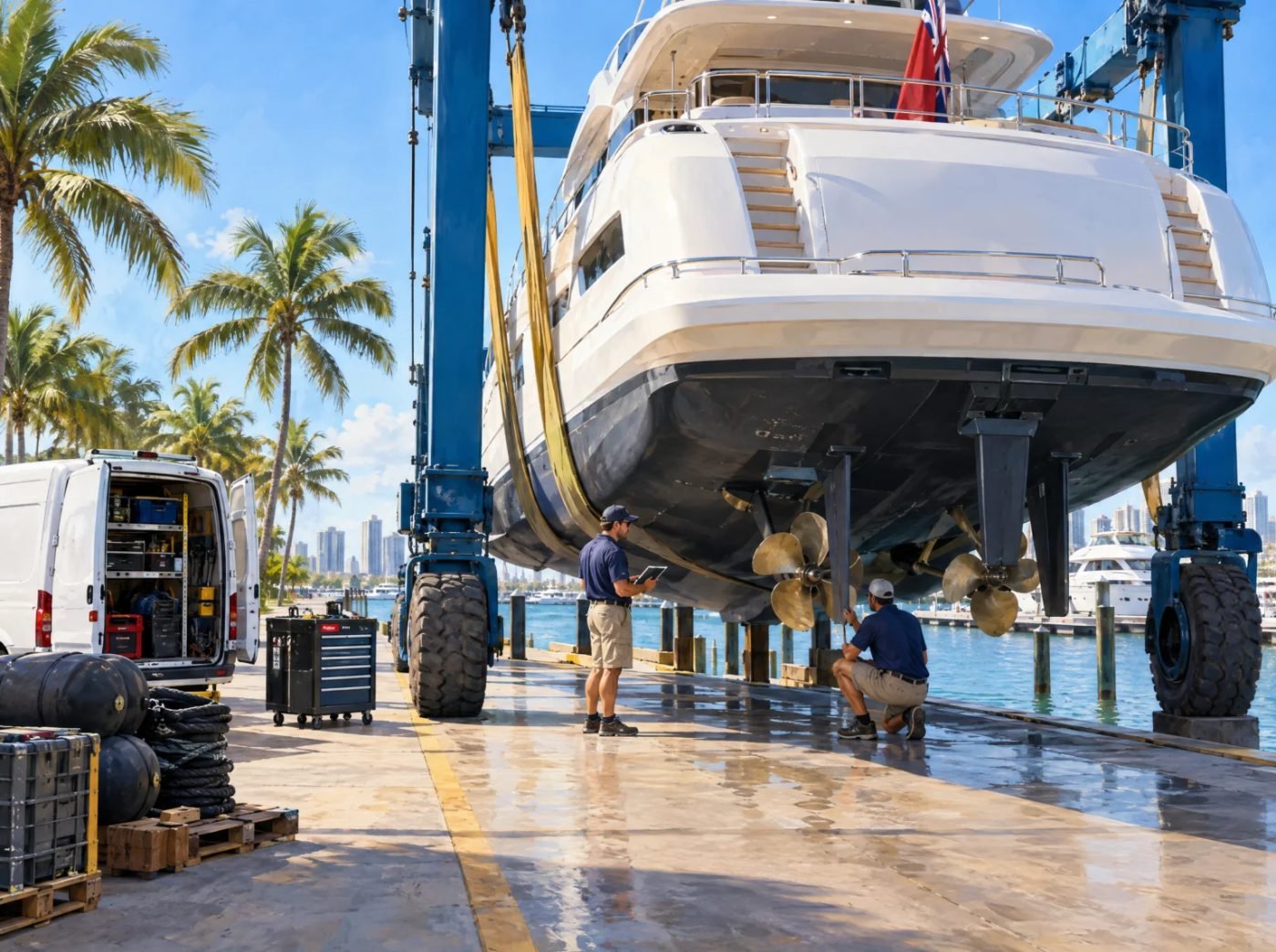Superyacht on a travel lift at a South Florida service yard