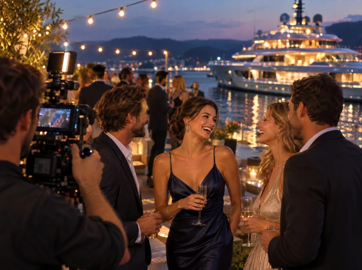 Camera operator filming guests at a waterfront yachting party