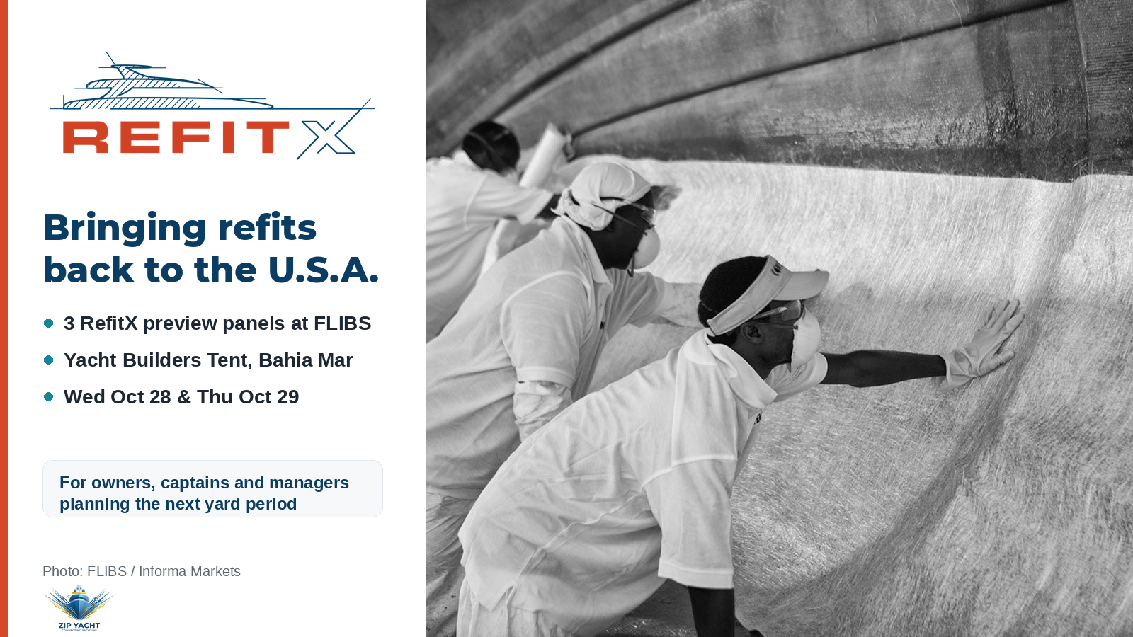 RefitX logo beside a photo of refit workers laying up fiberglass inside a yacht hull