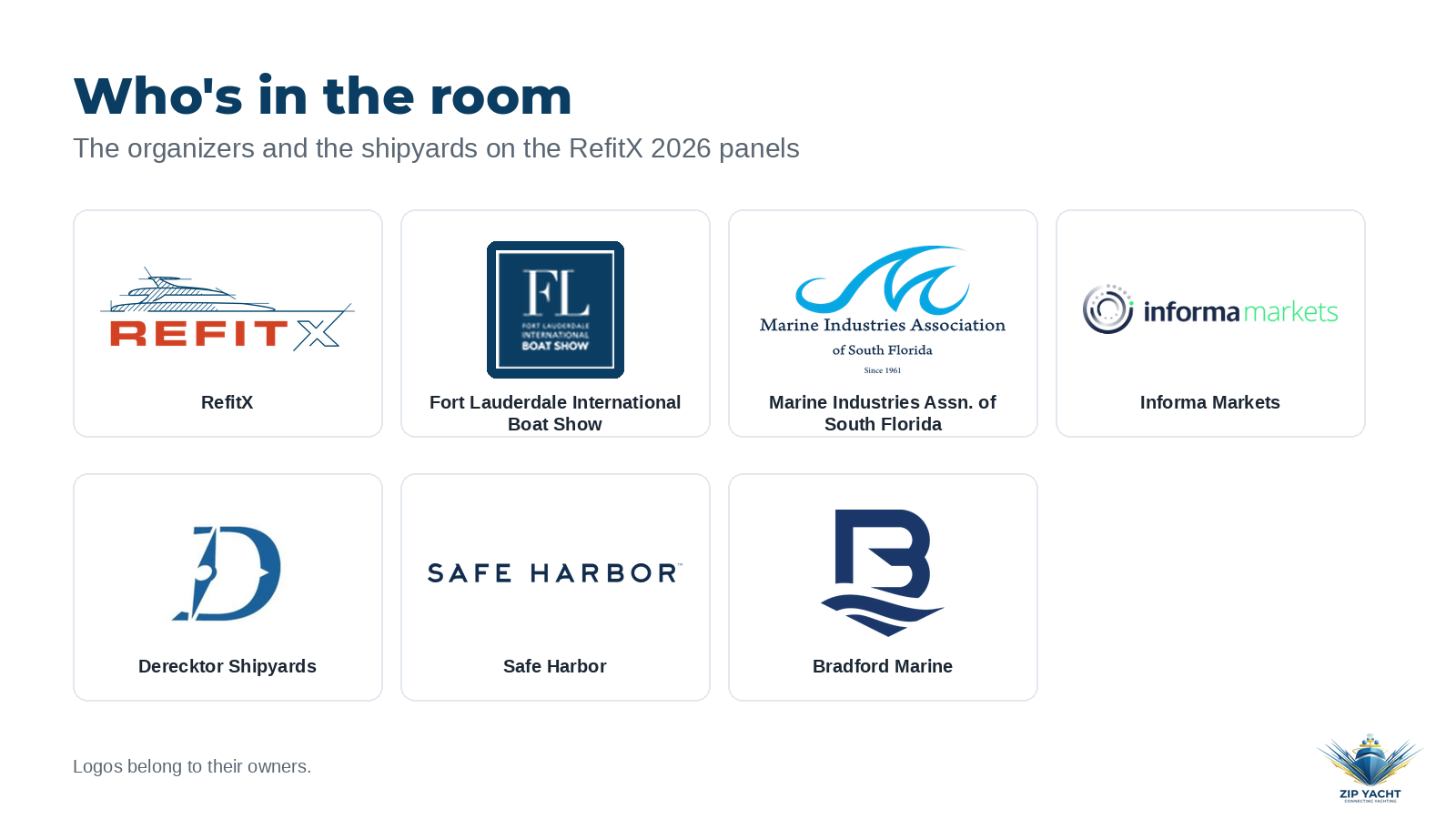 Logo card with RefitX, FLIBS, MIASF, Informa Markets, Derecktor Shipyards, Safe Harbor and Bradford Marine